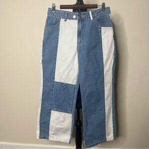 Women’s Pastiche Two Tone Blue Patchwork High Rise Wide Leg Cropped Jeans Sz M